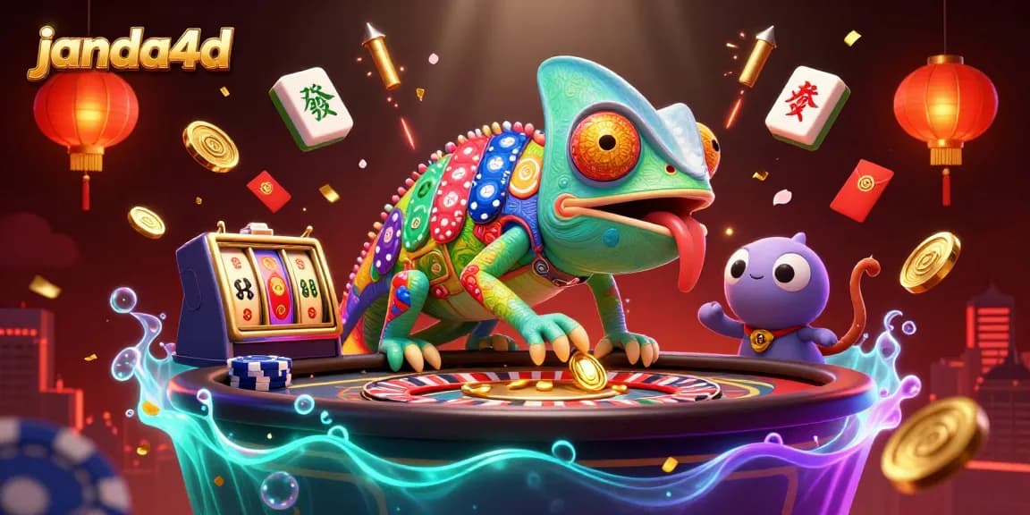 Menangkan jackpot di janda4d dengan ilustrasi 3D chameleon kasino dan banyak elemen permainan.