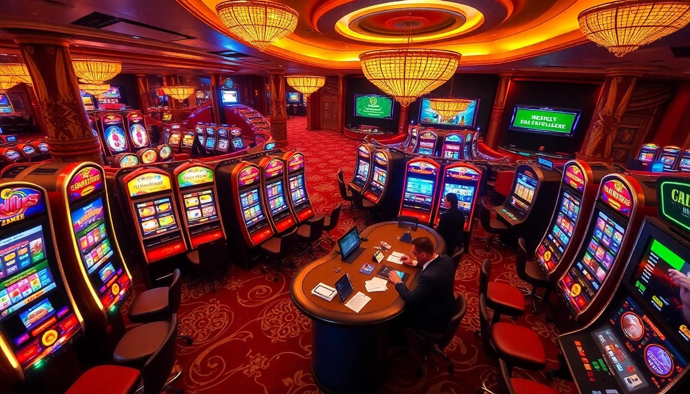 Experience excitement with idn slot gaming in a luxury casino setting featuring vibrant slot machines.