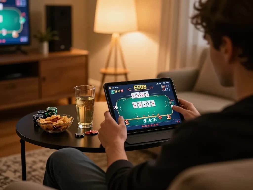 Player strategizing with EE88 poker on tablet in a cozy home setting