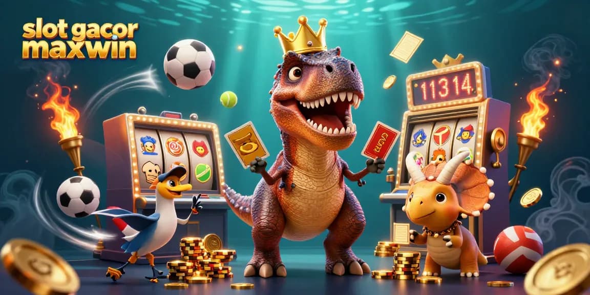 Play slot gacor maxwin with a friendly dinosaur trio in a vibrant casino scene filled with excitement.
