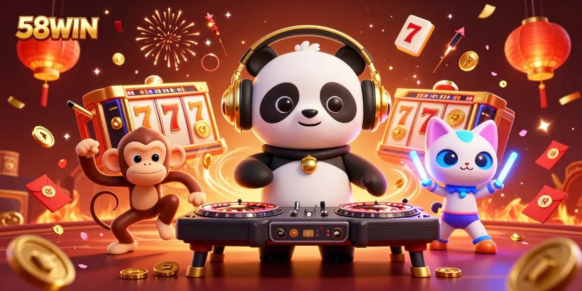 Engage in thrilling gaming at 58WIN with lively characters in a vibrant casino scene filled with slots and festive elements.