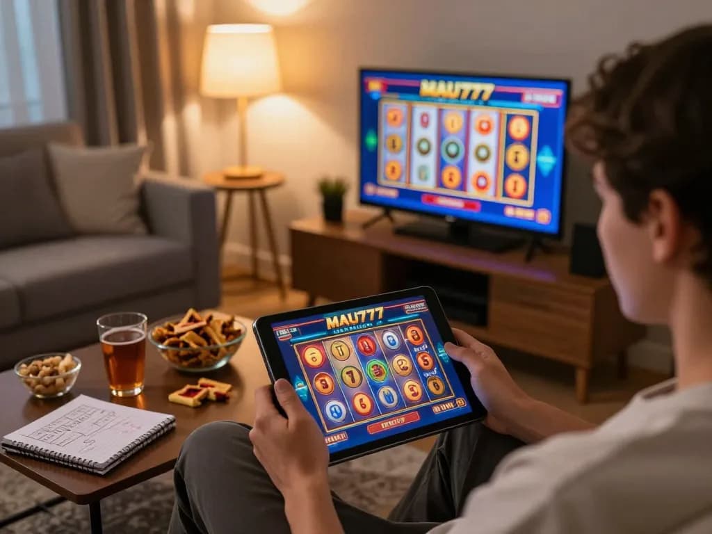 Pemain yang terlibat menggunakan link alternatif MAU777 dalam permainan slot online, menampilkan antarmuka permainan dan suasana rumah yang nyaman.