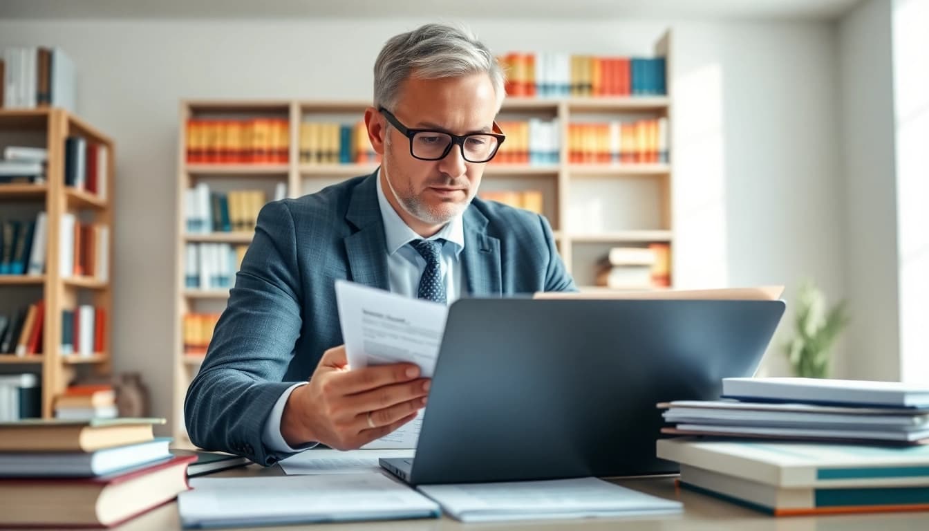 Consultant reviewing FCPA/DCAA/Flowdown/ITAR/EAR compliance materials in a professional office.