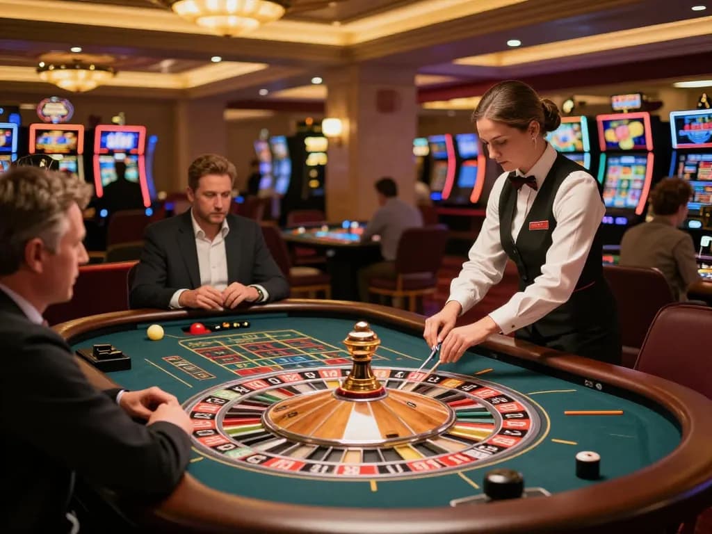 Players engaging in a thrilling roulette game at a lavish casino, highlighting the excitement of 5699 betting action