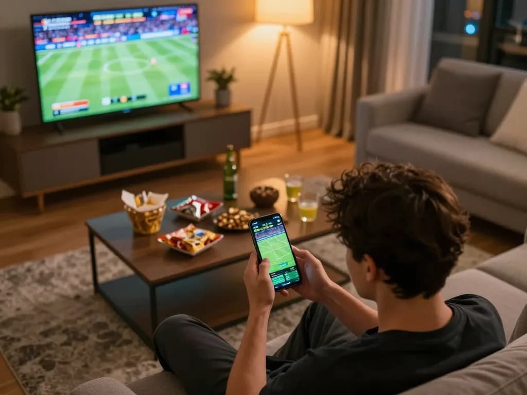 Person using okwin for live sports betting in a cozy home environment.