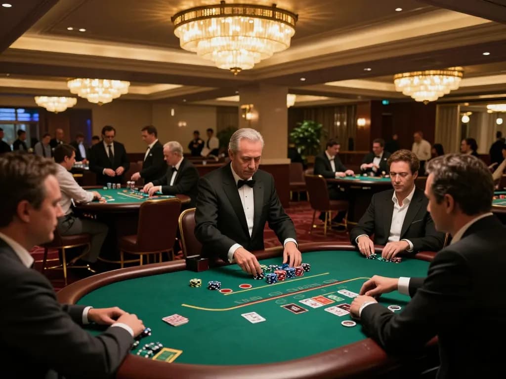 Nạp tiền cm88 at a lively casino floor, with players engaged in poker games and vibrant decor around.