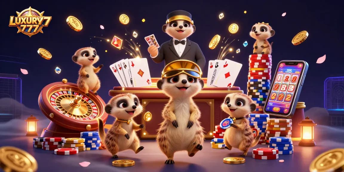 Menghadapi penghargaan di LUXURY777, koloni meerkat beroperasi di kasino yang megah dengan koin emas melimpah.