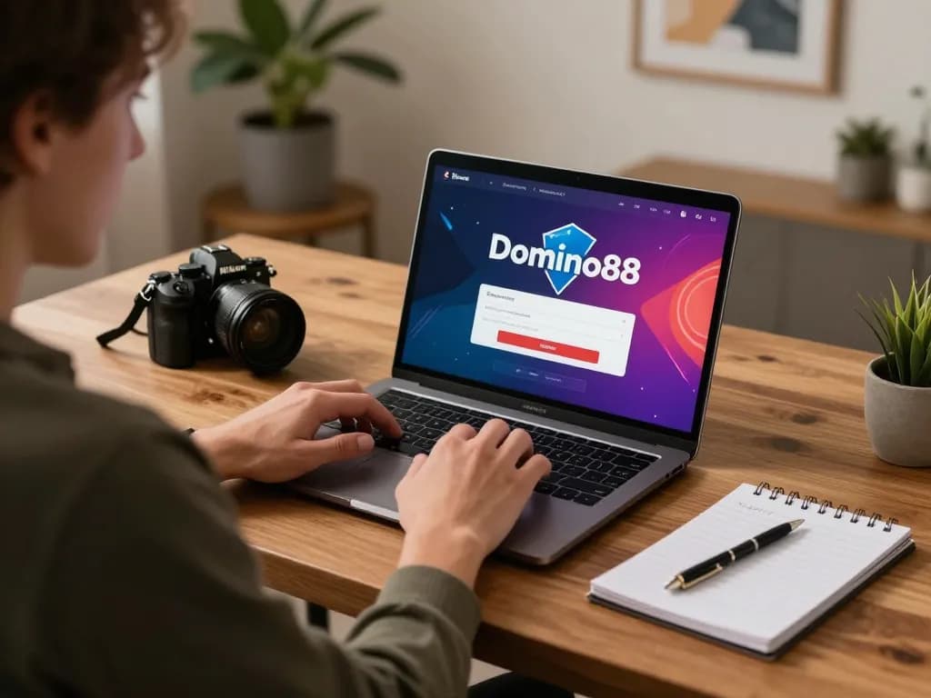 Engaging in poker with domino88 login on the laptop, warm home setting highlights strategic gameplay.