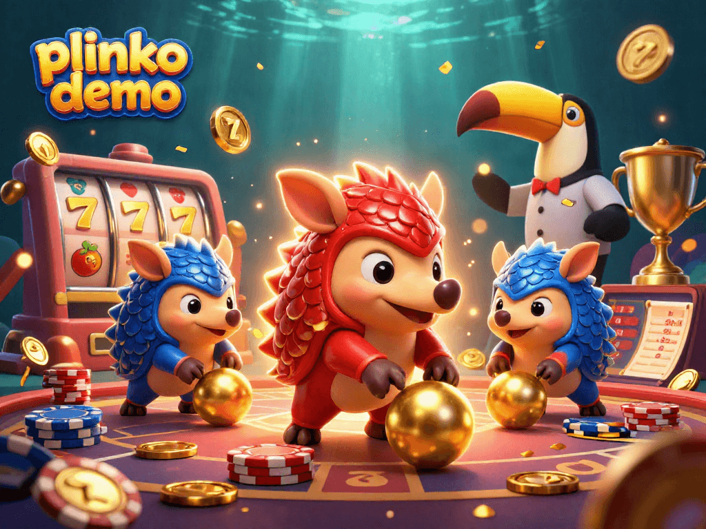 Engage with plinko demo featuring rival pangolins bowling through poker chips in a vibrant casino scene.