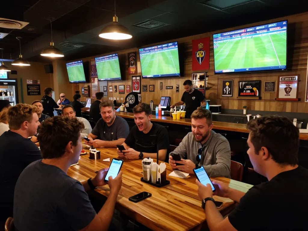 Bóng đá lu fans excitedly placing bets at sports bar with multiple screens