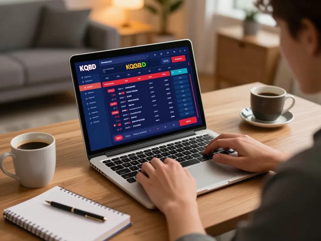 KQBD sports betting interface displayed on a laptop in a cozy home office setting, emphasizing responsible gambling.