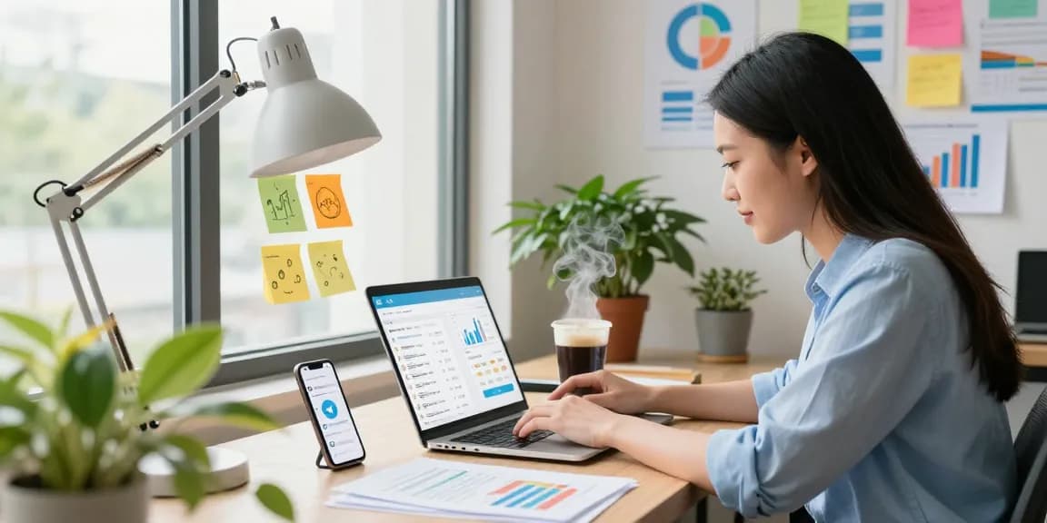 Boost your Telegram group members effectively with this vibrant workspace scene highlighting digital marketing strategies.