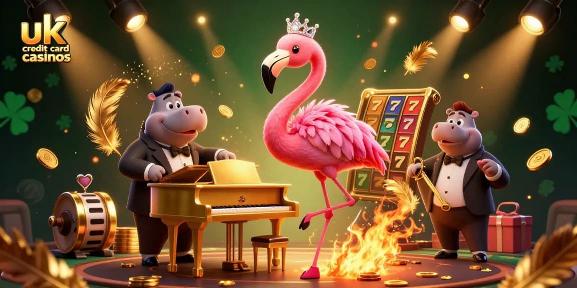Experience the excitement of uk credit card casinos with a lively 3D casino scene featuring a flamingo singer and hippo bassist.