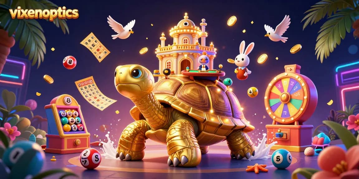Engage with VixenOptics' vibrant portrayal of a futuristic casino scene featuring a golden tortoise and rewarding gameplay elements.
