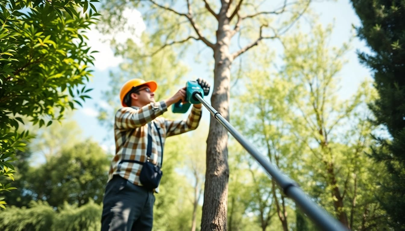 The best electric pole saw in action, used by a landscaper to prune trees in a vibrant garden.