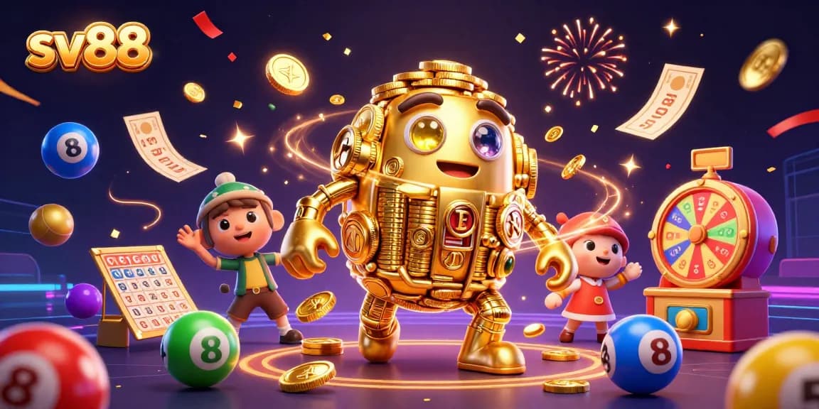 Engage with sv88's vibrant casino atmosphere featuring golden golem, lottery balls, and prize wheels.