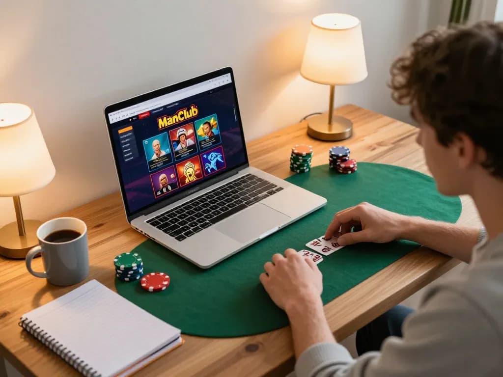 Engaging in strategic online gameplay at Manclub casino with warm home atmosphere