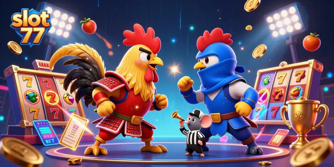 Engage with slot 77 in this exciting 3D illustration of a roosters showdown with jackpot reels and casino elements.