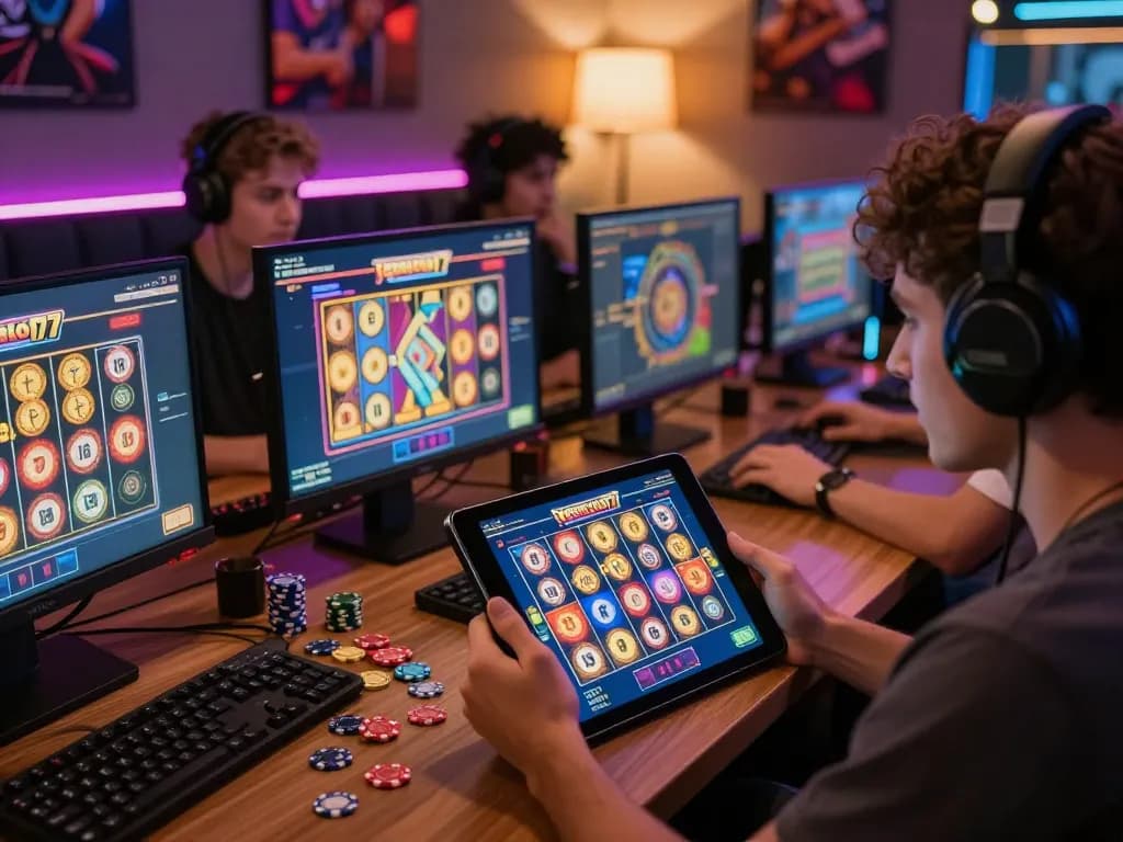 Engaging online gaming scene at vegasslot77.com with diverse players and colorful slot graphics.