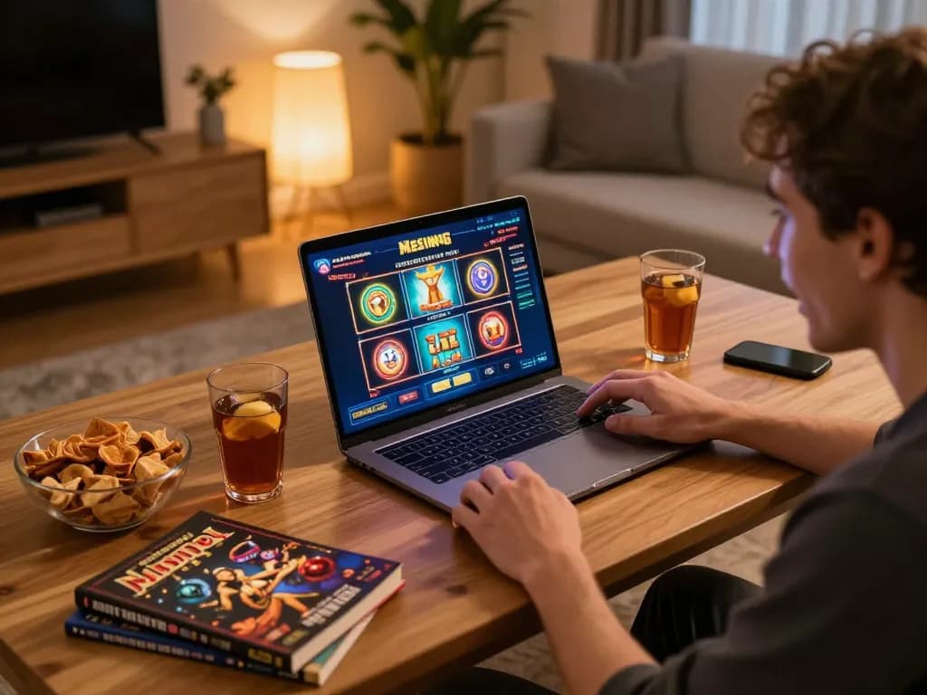 Player enjoying Mesingg slot games on laptop, surrounded by snacks and drinks in a cozy atmosphere