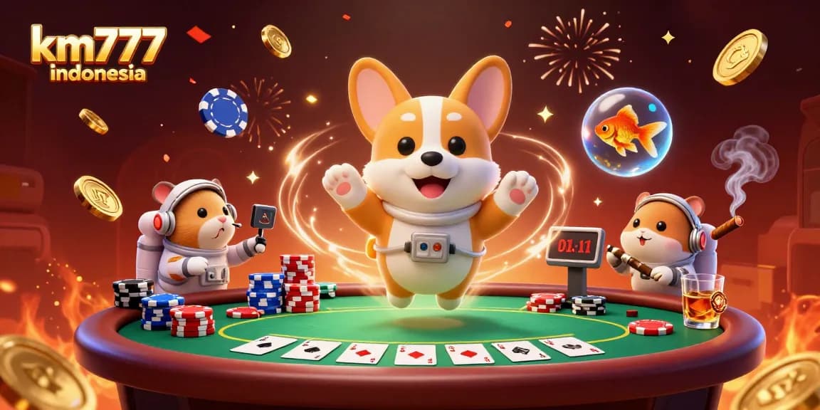Engage with km777 indonesia as a cartoon astronaut corgi plays in a vibrant space casino.