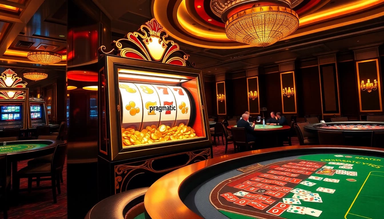 Engaging gamblers around a luxurious pragmatic slot machine in an upscale casino setting.
