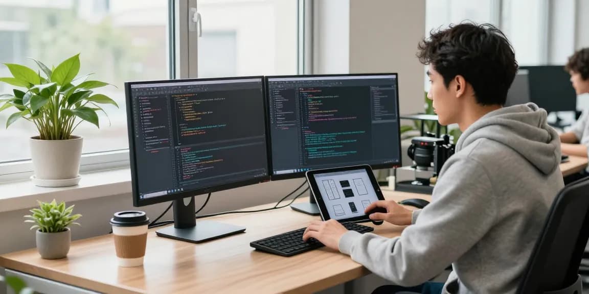 Engaging workspace scene with programmer coding and 纸飞机下载 app design on screens, highlighting tech creativity.