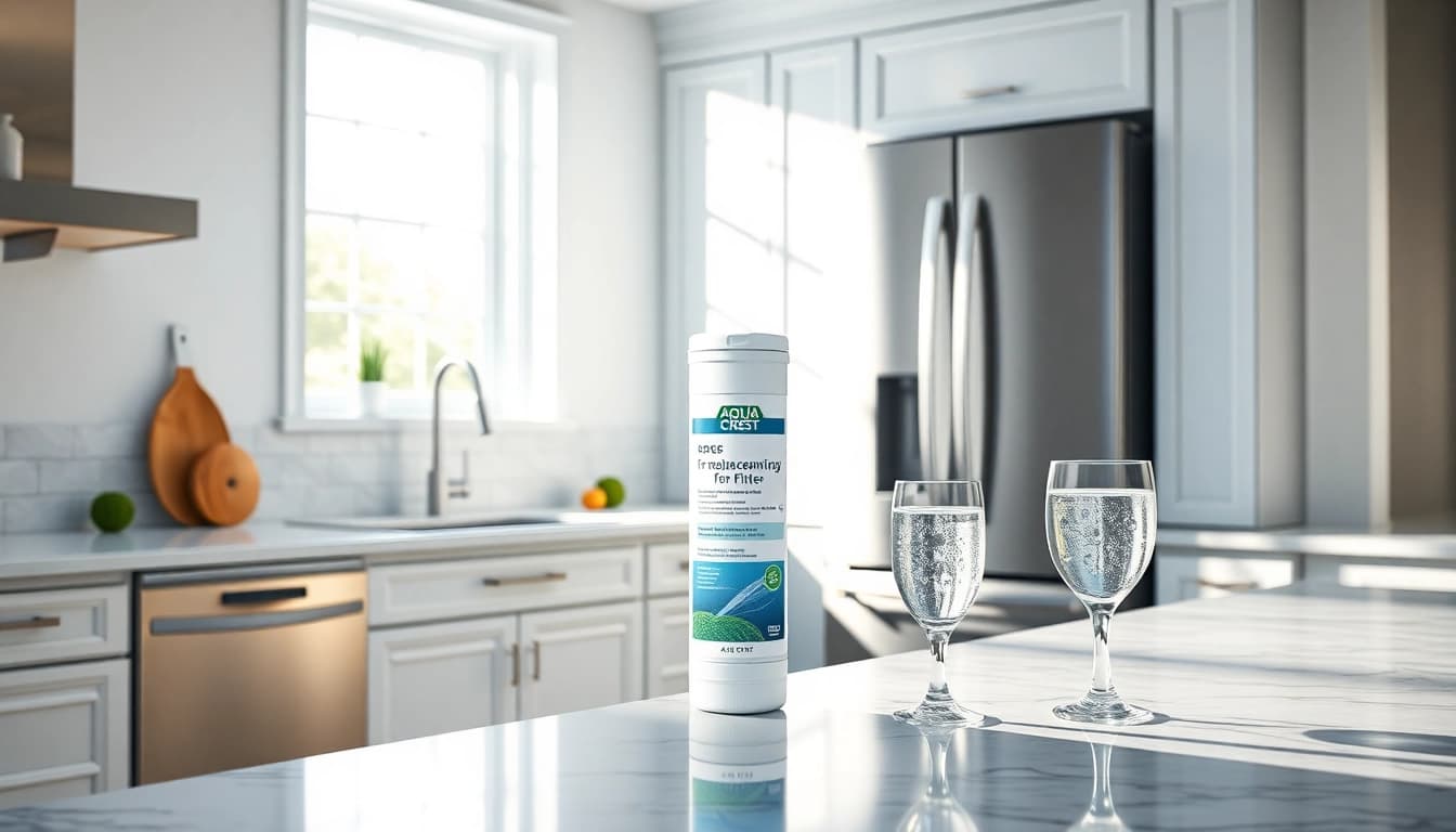 AQUA CREST Replacement for GE® RPWFE showcased in a modern kitchen, emphasizing purity and style.