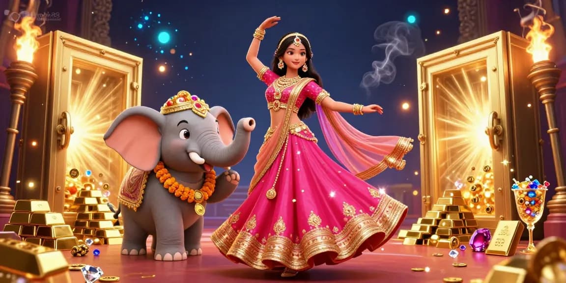 Engage with the vibrant atmosphere of rokok88 link alternatif featuring a Bollywood woman and a bejeweled elephant in a dazzling casino.