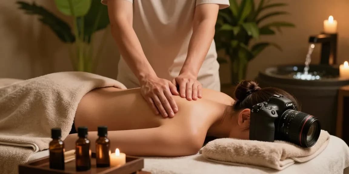 마사지로 편안함을 주는 스웨디시 마사지 장면, 아로마 오일과 부드러운 수건으로 아늑한 분위기 연출
