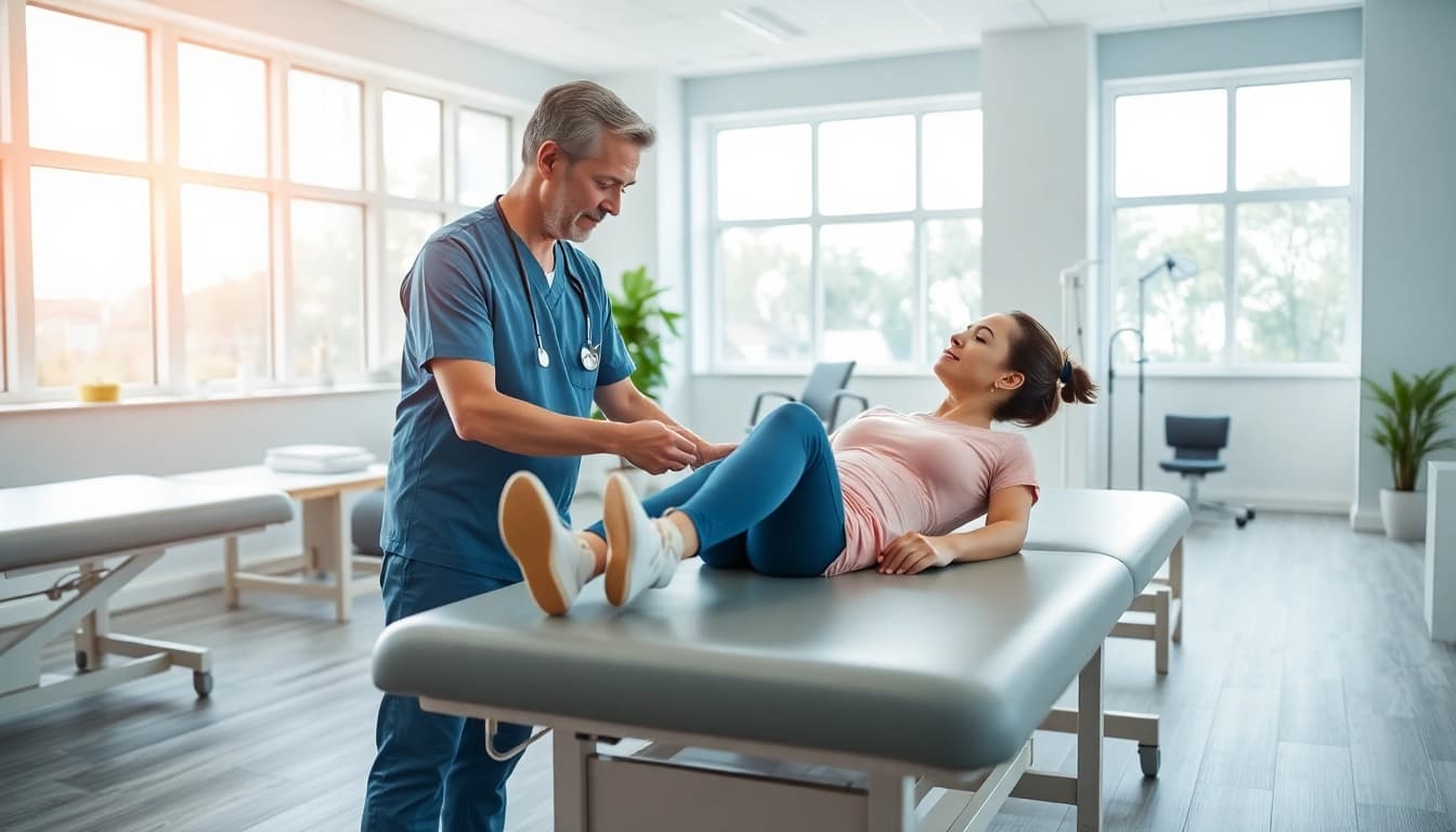Therapist demonstrating techniques in north edmonton physiotherapy clinic for injury recovery.