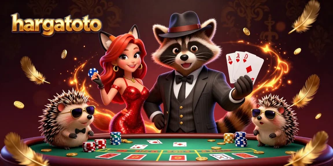 Engage in thrilling poker action with hargatoto featuring a suave raccoon and friends.