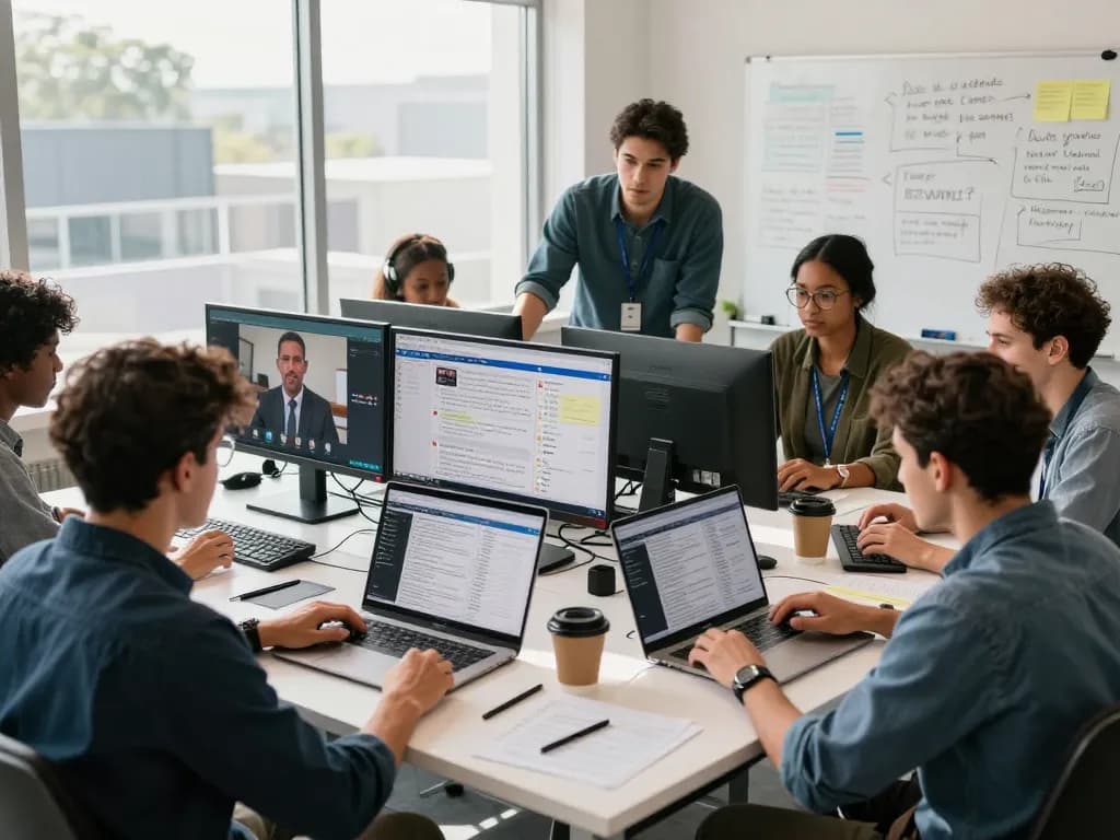 Journalists in a bustling newsroom collaborating on ABC News reviewed stories, showcasing the dynamic environment and teamwork.