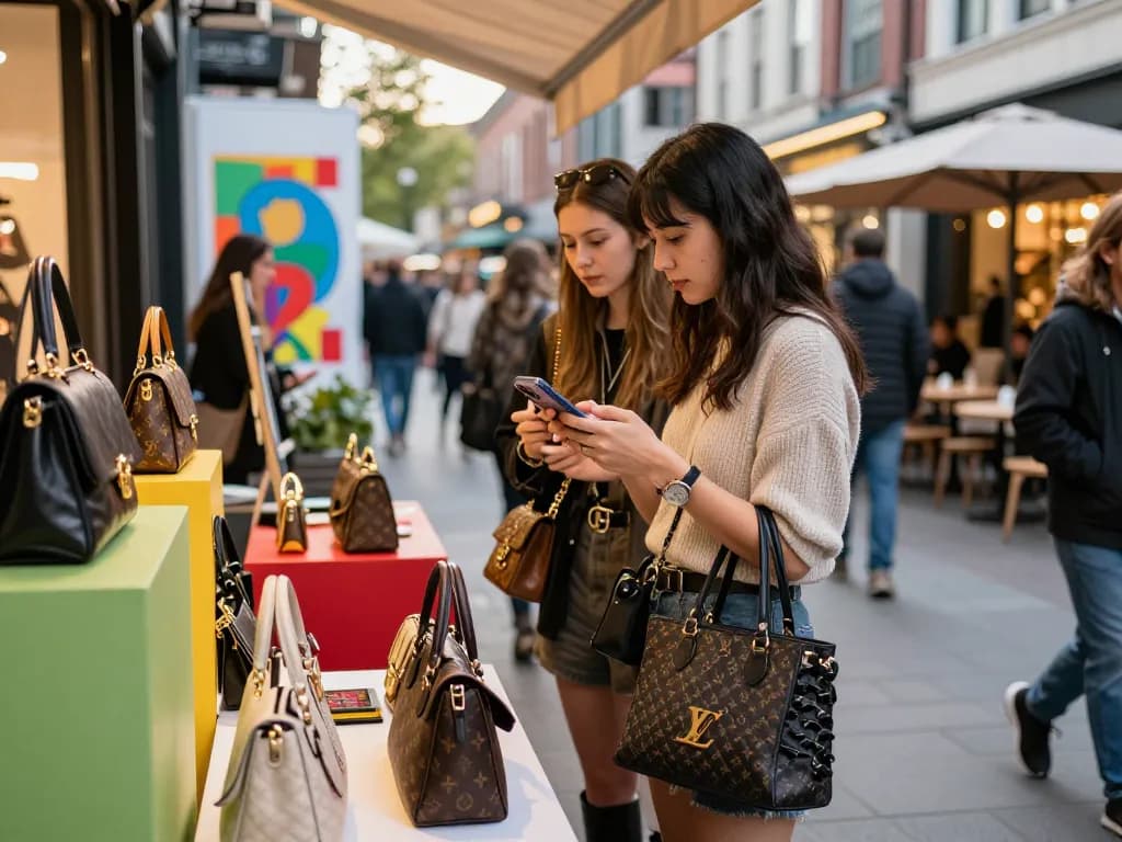Shoppers at 레플리카 쇼핑몰 exploring luxury replica handbags in urban setting.