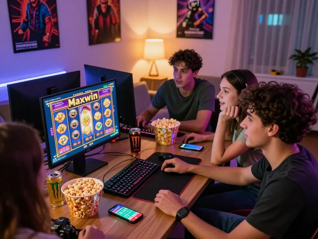 Situs gacor gaming scene with friends enjoying online slot games in a lively living room.
