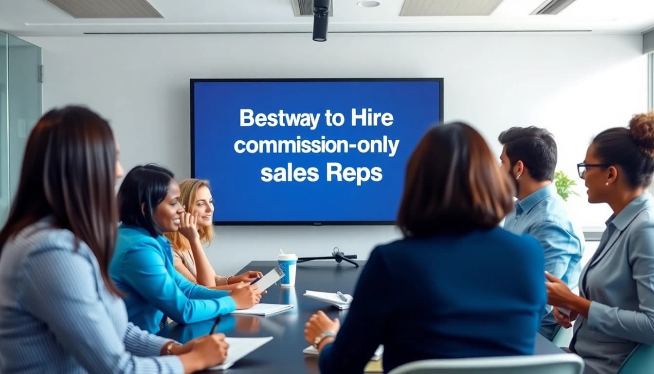 Discussing the best way to hire commission-only sales reps in a vibrant, professional meeting.