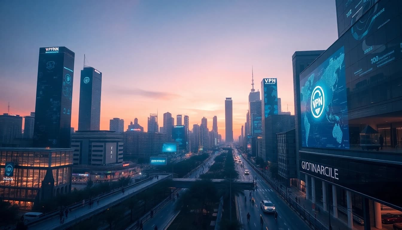 快连官网 展示全球连接与网络隐私，在充满活力的城市天际线中。