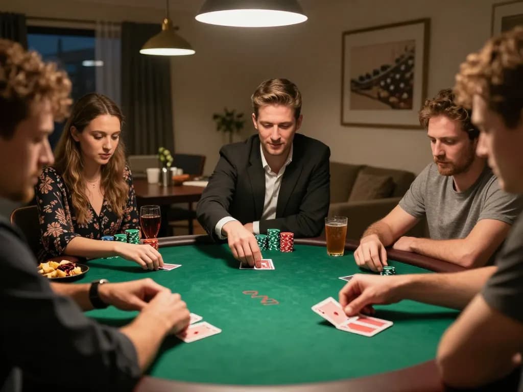 Thabet poker game in a cozy home, players strategizing with cards and chips