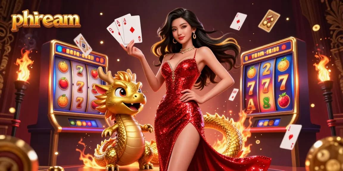 Play slots with phdream on an exciting 3D casino scene featuring a glamorous Asian woman and lucky symbols.