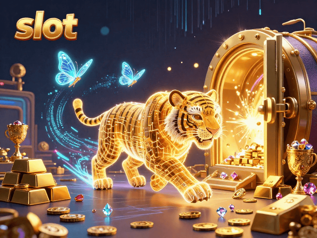 Menangkan slot dengan ilustrasi kasino digital yang menghadirkan harimau emas neon dan harta berkilau.