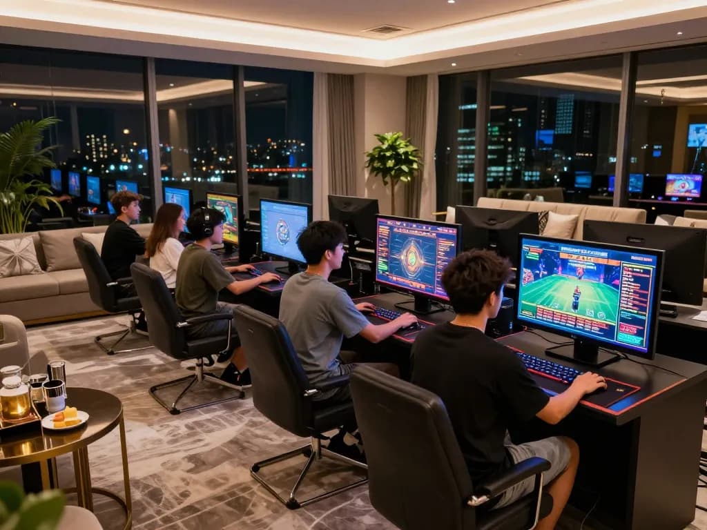Experience the luxury of vegasslot77 in a sophisticated gaming lounge with vibrant screens and plush seating.