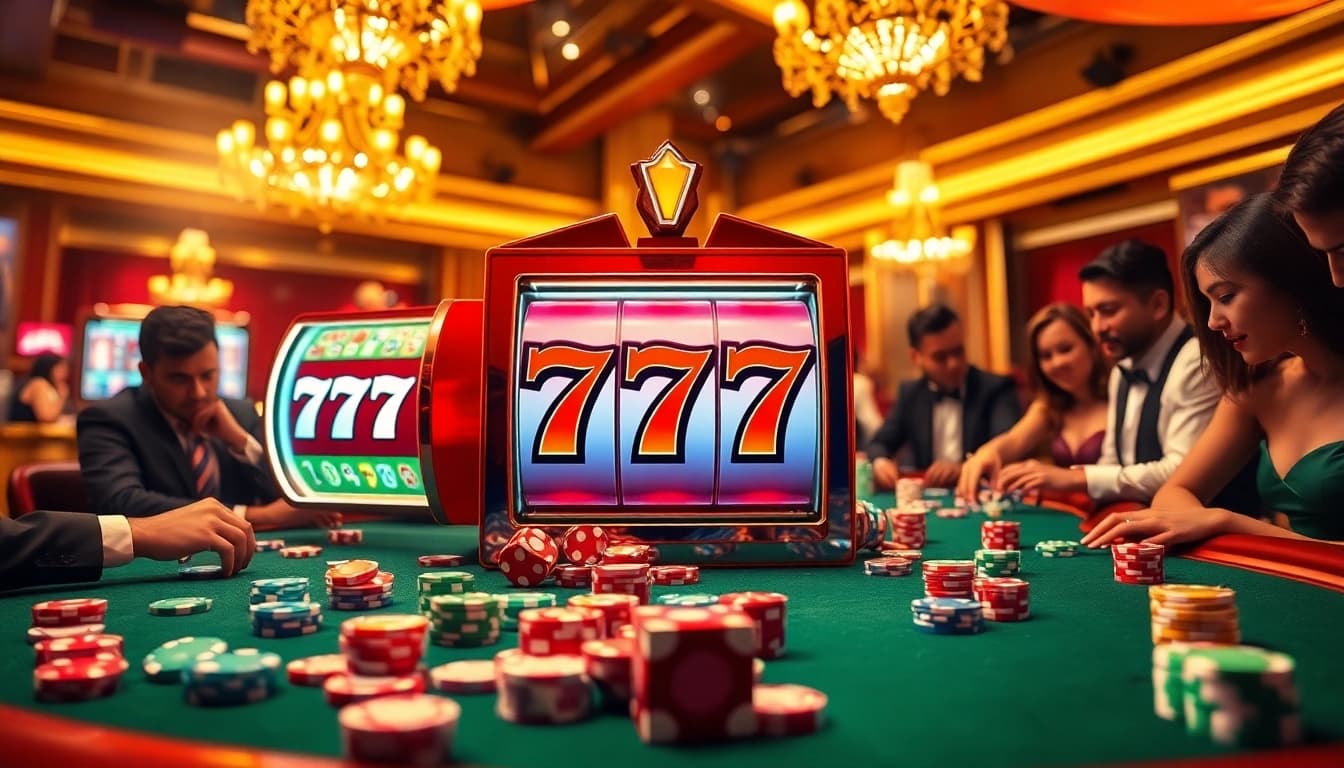 Engaging players spin the vibrant Slot 777 machine in a glamorous casino setting.