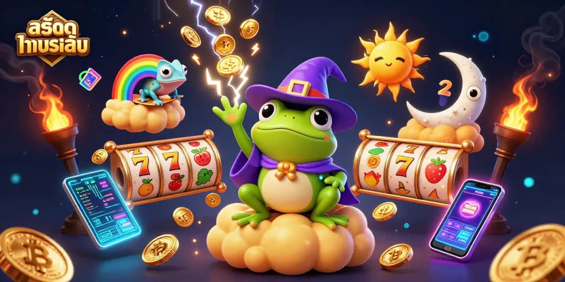 Experience exciting สล็อตทดลองเล่น with a 3D wizard frog and chameleon amidst golden coins.