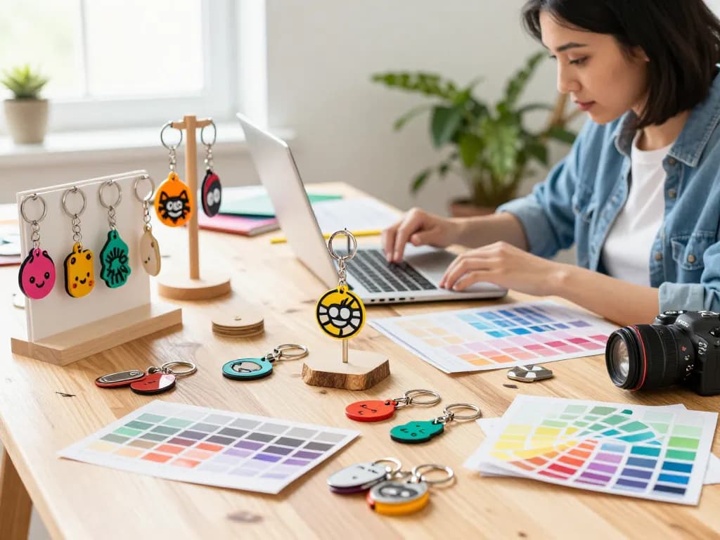 Custom key chains displayed creatively with designer using a laptop in a bright workspace.