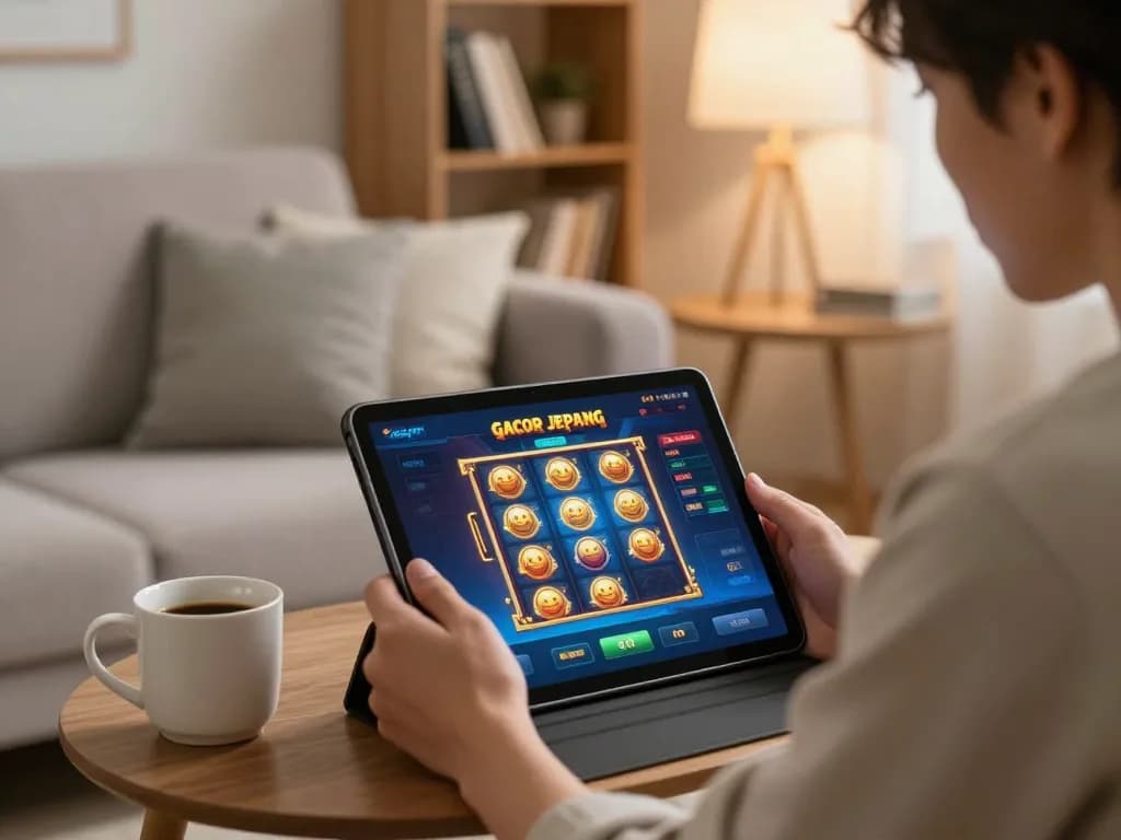 Engaging in slot gacor jepang gaming from a cozy living room setup, player focused on tablet.
