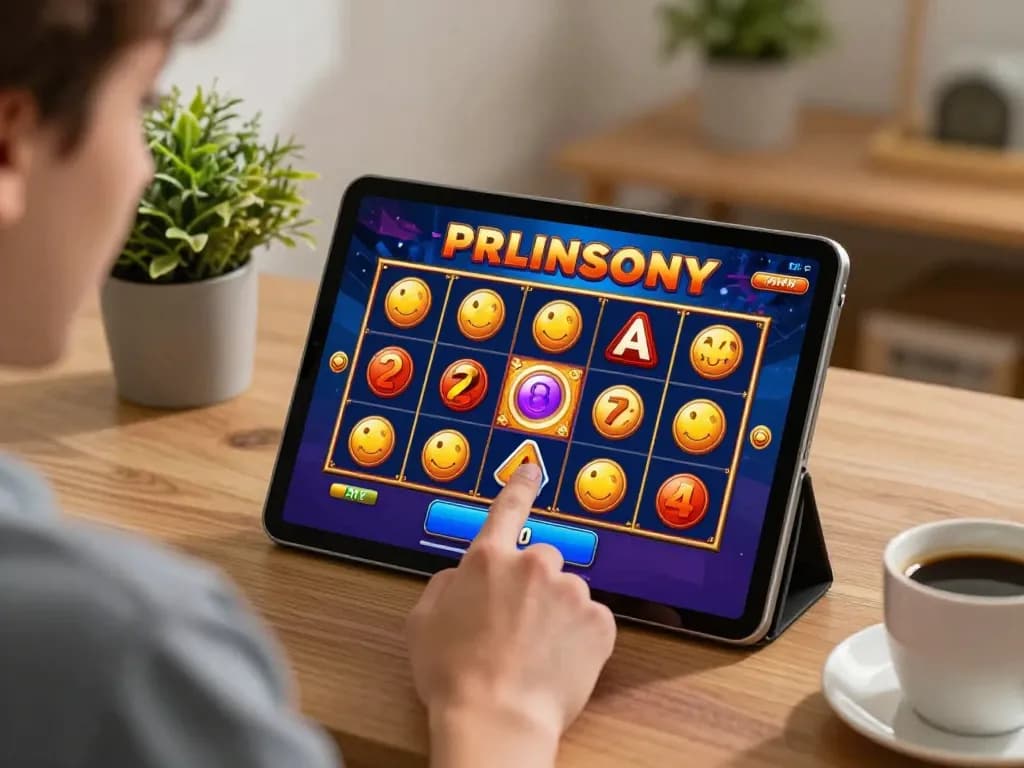 Engaged player spinning colorful slot reels on a tablet showcasing winning potential.