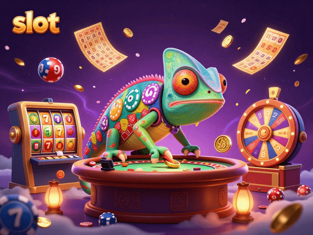 Slot yang menarik dengan chameleon dan elemen permainan, warna cerah dan detail kaya.