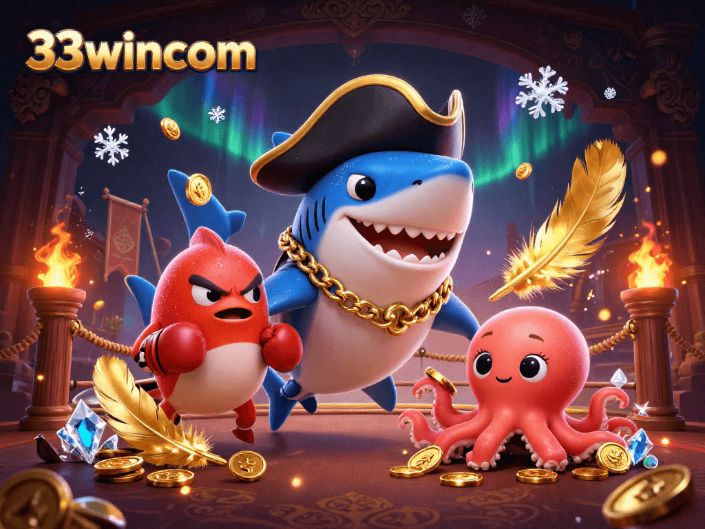 Win big with 33wincom in this exciting gambling scene featuring a pirate shark and colorful sea creatures.