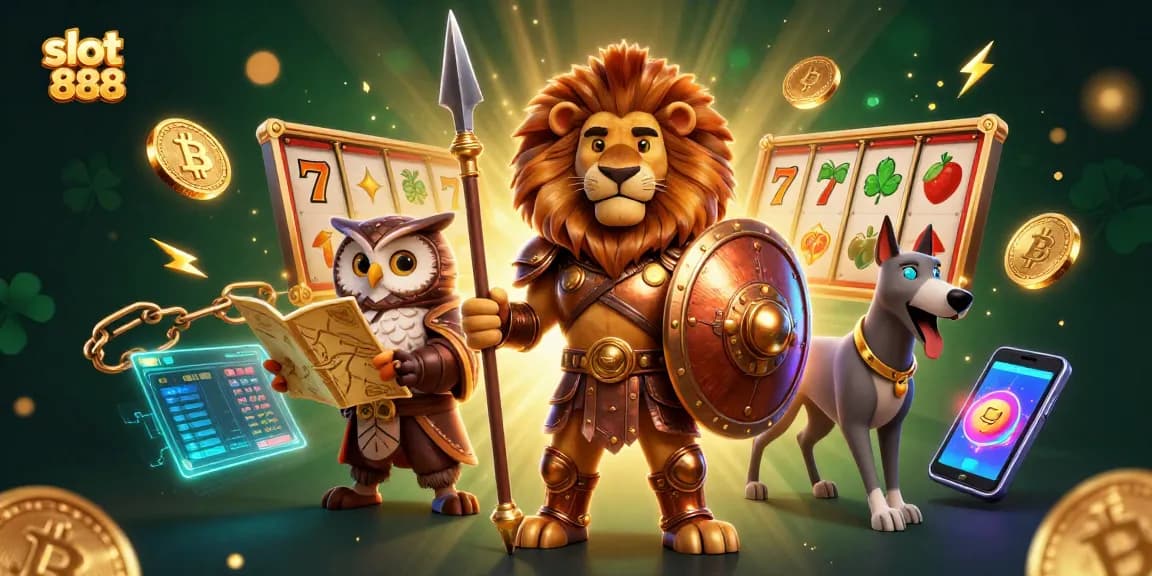 Engage with slot 888 in this vibrant 3D illustration featuring heroic animals amidst casino elements.