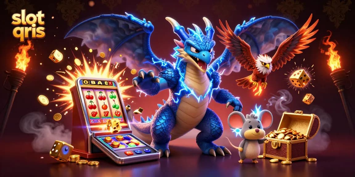 Experience thrilling gameplay with slot qris, featuring a stunning 3D illustration of a jackpot explosion and vibrant characters.